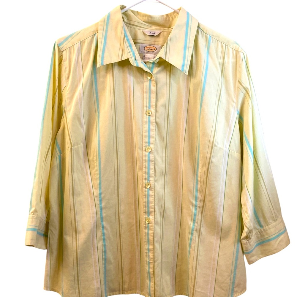 Talbots Petites Top Blouse Pale Yellow Blue Green Stripes Button Down WM SZ LP